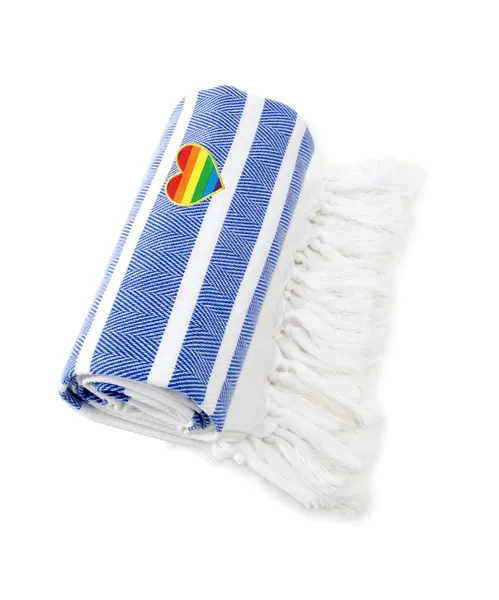 Herringbone Cheerful Rainbow Heart Pestemal Beach Towel, Royal Blue & White