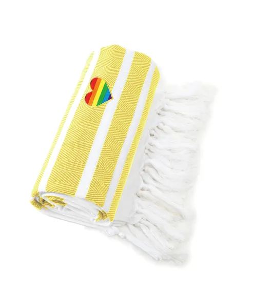 Herringbone Cheerful Rainbow Heart Pestemal Beach Towel, Yellow & White