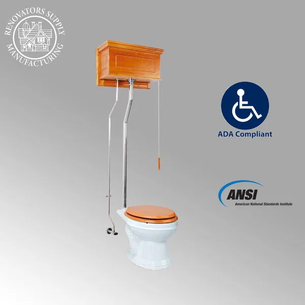 High Tank Toilet Raised Elong L-Pipe Dark Oak Finish, Light Oak