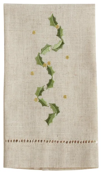 Holly Leaves Embroidered and Hemstitched Guest Towels, Set of 4