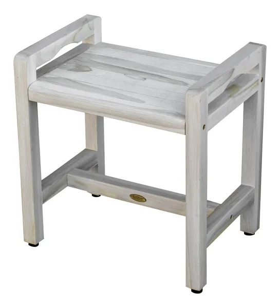 HomeRoots Compact Teak Shower Stool With Arms, Whitewash Finish