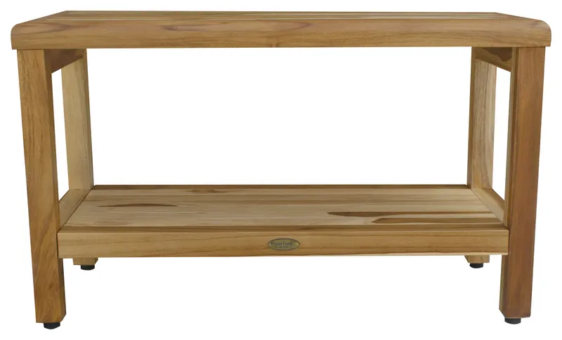 HomeRoots Rectangular Teak Shower Bench With Shelf, Natural Finish