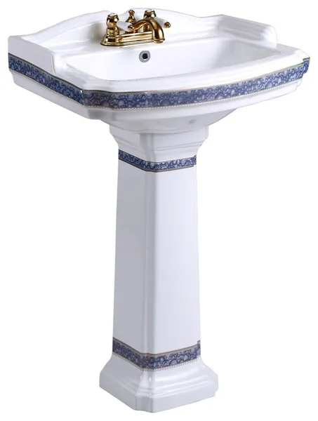 India Reserve Bathroom Pedestal Sink White Porcelain Blue and Gold