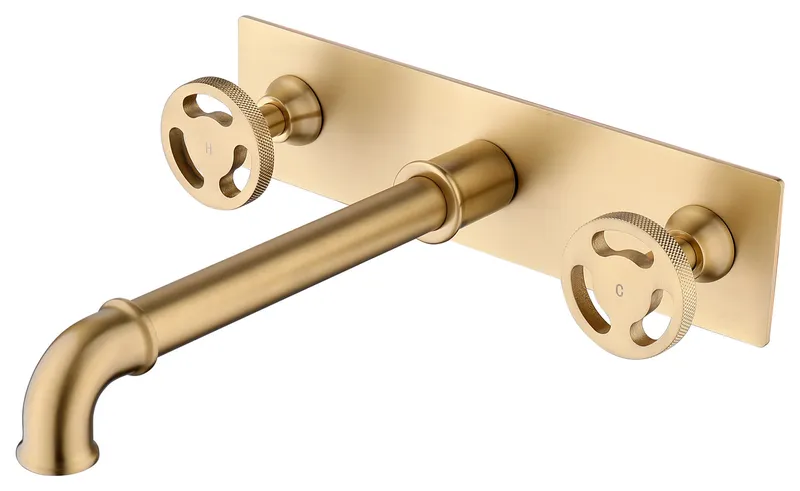 Industrial Chic Wall Mounted Bathroom Sink Faucet, Brushed Gold