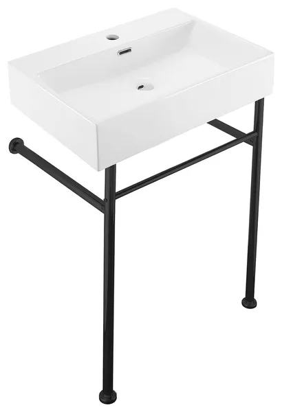 Industrial Sink with Lacquered Steel Legs, Towel Bar, and Glossy Porcelain Basin, Black
