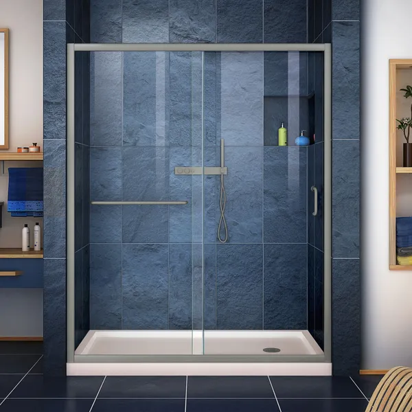 Infinity-Z 30" Clear Sliding Shower Door,Brushed Nickel,Right Drain Biscuit Base