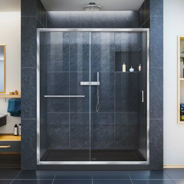 Infinity-Z 30"Dx60"W Clear Sliding Shower Door, Chrome, Center Drain Black Base