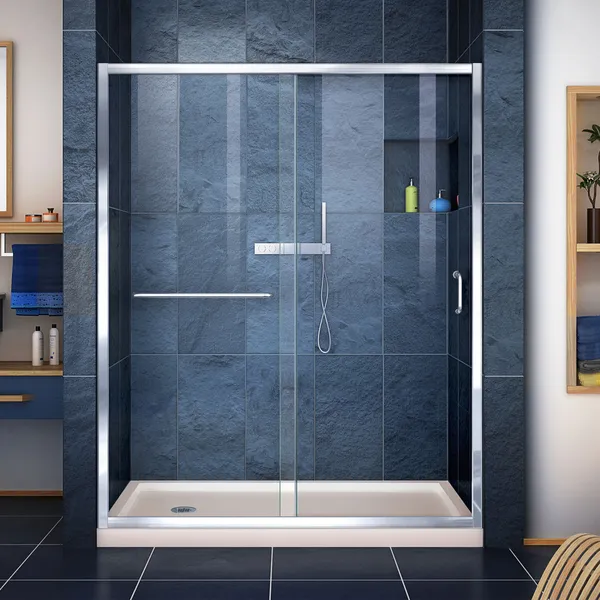 Infinity-Z 30"Dx60"W Clear Sliding Shower Door, Chrome, Left Drain Biscuit Base