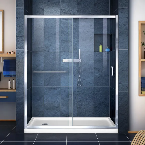 Infinity-Z 30"Dx60"W Clear Sliding Shower Door, Chrome, Left Drain White Base