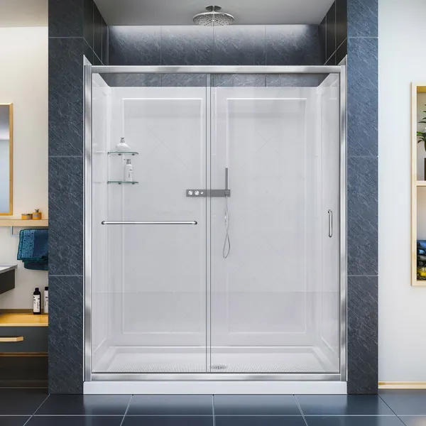Infinity-Z 30"x60" Clear Sliding Shower Door,Chrome,Center Drain Base,Backwalls