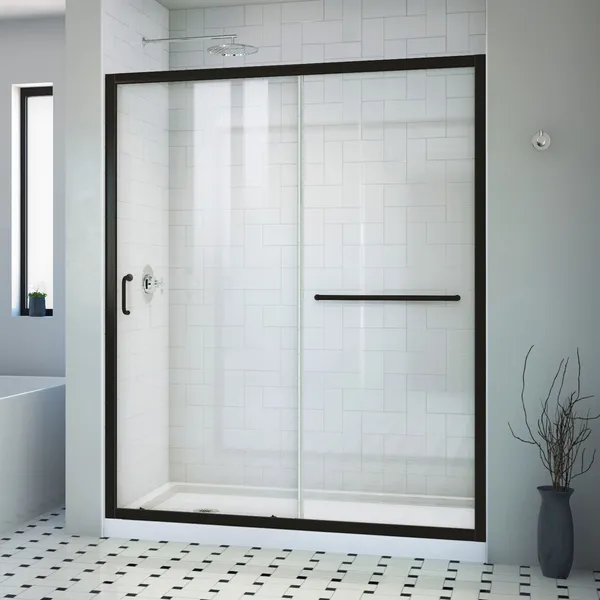 Infinity-Z 30x60x74 3/4 Clear Sliding Shower Door Satin Black, LD White Base