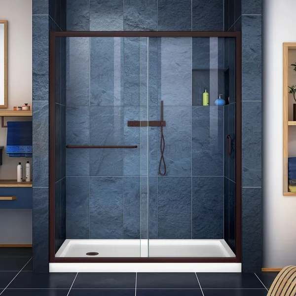 Infinity-Z 32" Clear Sliding Shower Door,Oil Rubbed Bronze,Left Drain White Base
