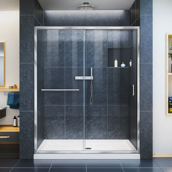 Infinity-Z 32"Dx60"W Clear Sliding Shower Door, Chrome, Center Drain White Base