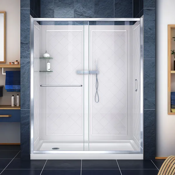 Infinity-Z 32"Dx60"W Clear Sliding Shower Door,Chrome,Left Drain Base,Backwalls