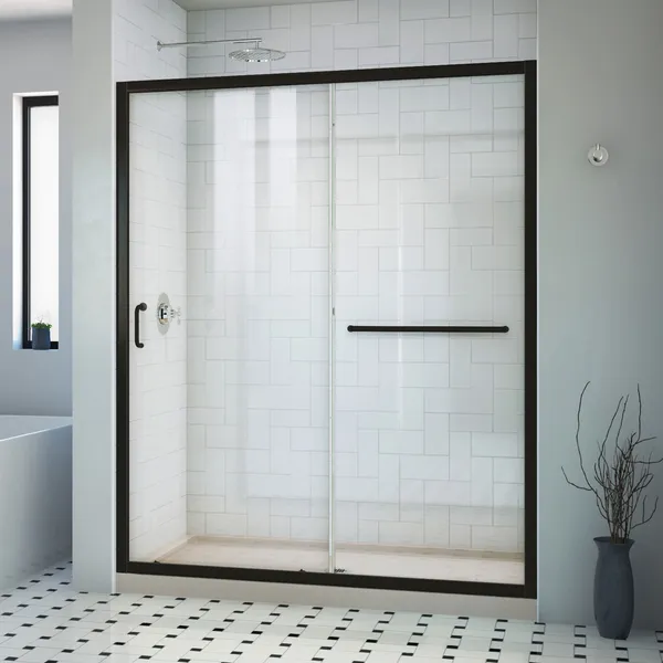 Infinity-Z 32x60x74 3/4 Clear Sliding Shower Door Satin Black, CD Biscuit Base
