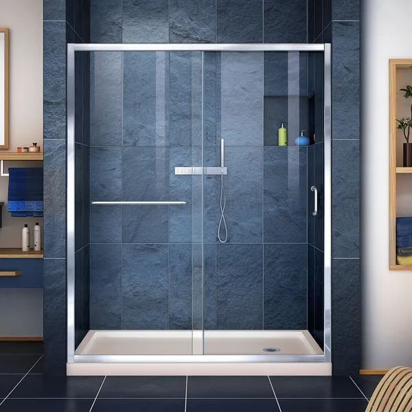 Infinity-Z 34"Dx60"W Clear Sliding Shower Door, Chrome, Right Drain Biscuit Base