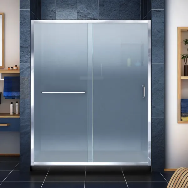 Infinity-Z 34"Dx60"W Frosted Sliding Shower Door,Chrome,Center Drain Black Base