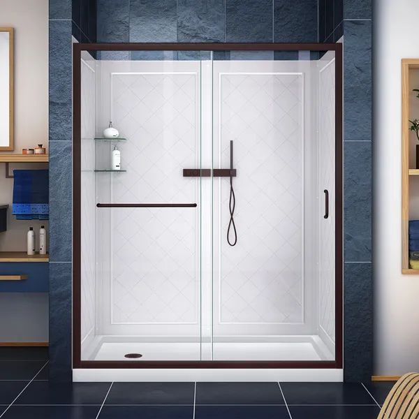 Infinity-Z 34x60x76 3/4 Clear Sliding Shower Door Oil Rubbed Bronze/LD/Backwalls