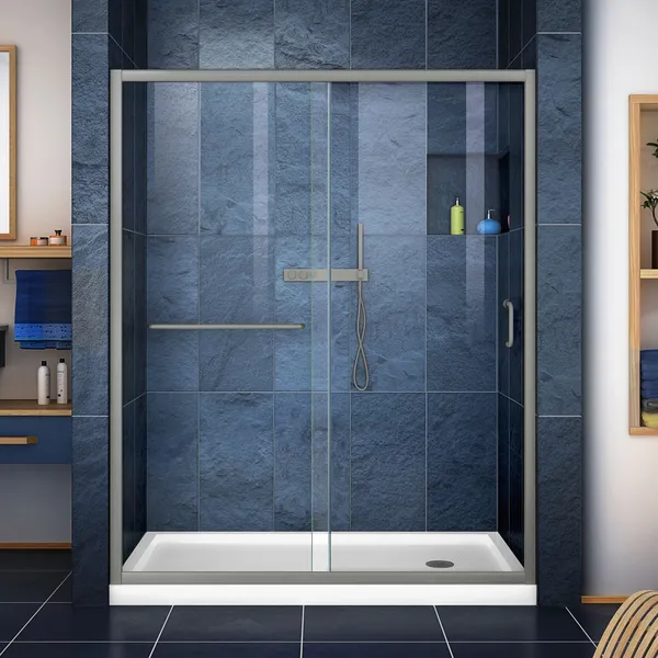 Infinity-Z 36" Clear Sliding Shower Door, Brushed Nickel, Right Drain White Base