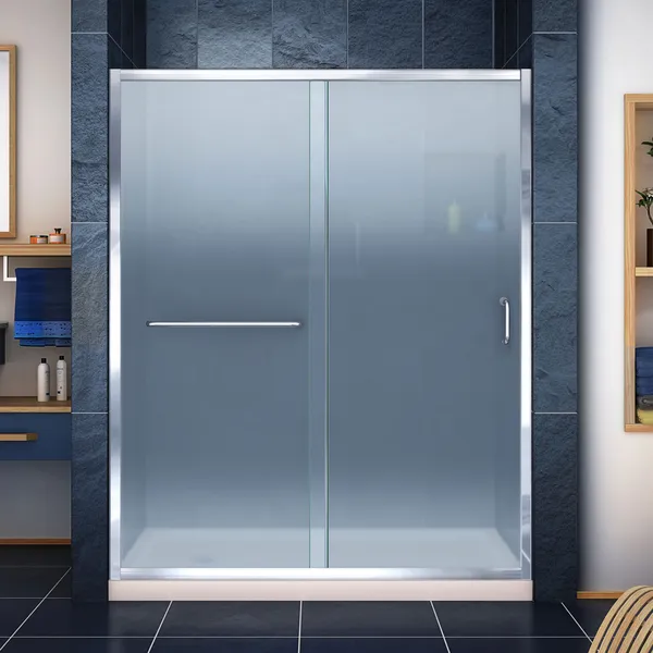 Infinity-Z 36"Dx60"W Frosted Sliding Shower Door,Chrome,Left Drain Biscuit Base