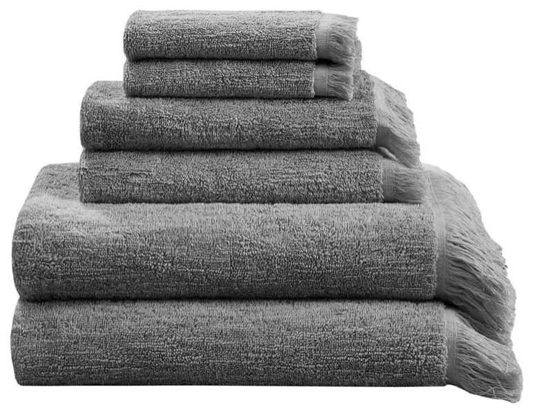 INK+IVY Nova Terry Cotton 630gsm Fringed 6-Piece Towel Set, Charcoal Dark Gray