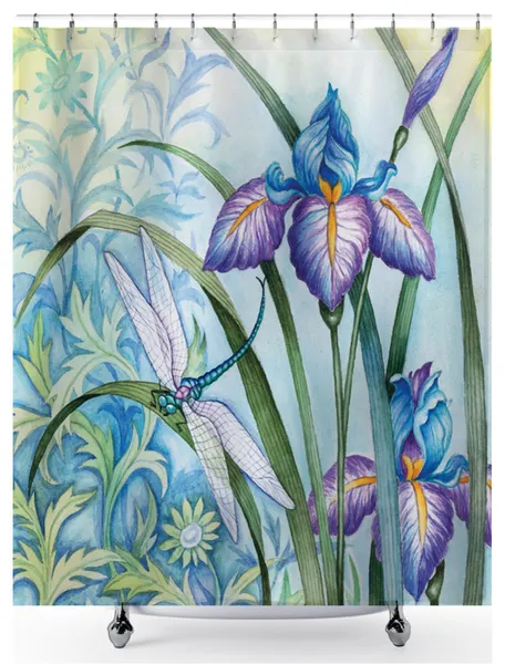 Iris Beauty Floral Shower Curtain, 72" x 72", Blue Dragonflies