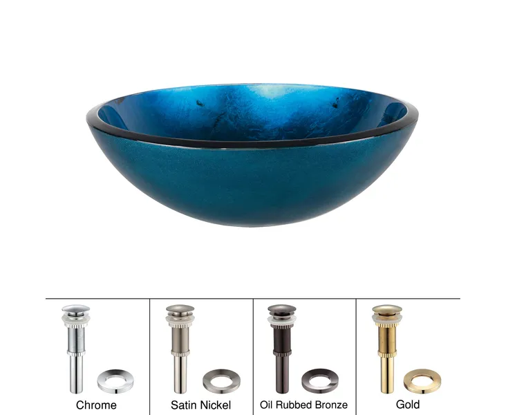 Irruption Blue 16 1/2" Glass Vessel Bathroom Sink, PU Drain, Mount Ring, Nickel