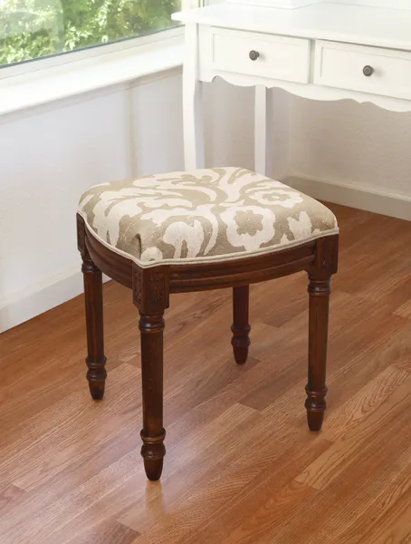 Jacobean Floral-Mustard, Linen Upholstered Vanity Stool, Taupe