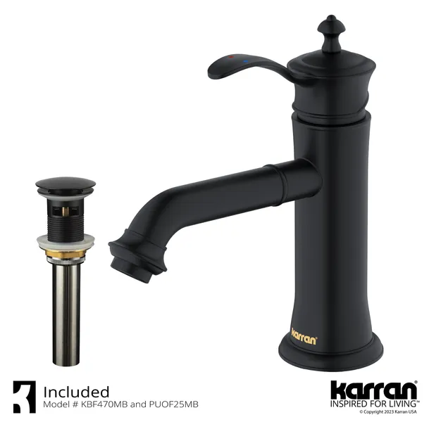 Karran 1-Handle 1-Hole Bathroom Faucet With Pop-up Drain, Matte Black