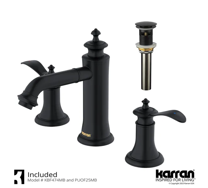 Karran 2-Handle 3-Hole Widespread Faucet With Pop-up Drain, Matte Black
