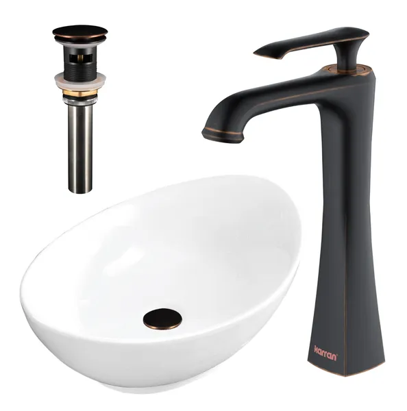 Karran 23" Vitreous China Vessel Sink, White and Faucet Kit, Oil Rubbed Bronze