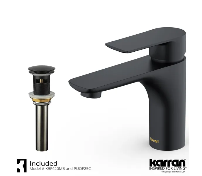 Karran KBF420 1-Hole 1-Handle Basin Faucet With Pop-up Drain, Matte Black