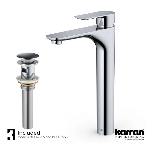 Karran KBF422 1-Hole 1-Handle Vessel Faucet With Pop-up Drain, Stainless Steel