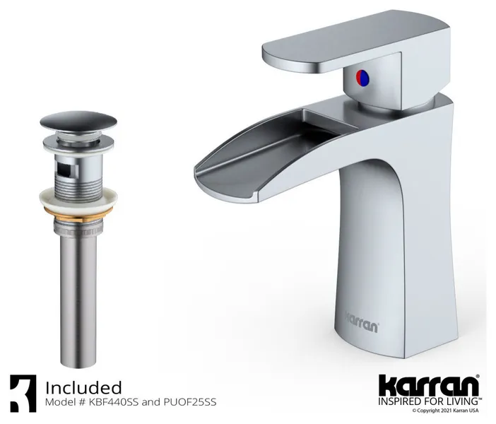 Karran KBF440 1-Hole 1-Handle Basin Faucet With Pop-up Drain, Stainless Steel