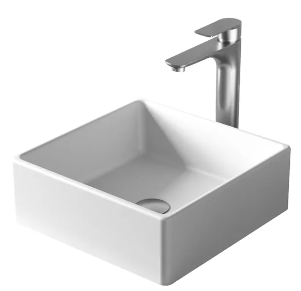 Karran White Acrylic 15" Square Vessel Sink With Faucet Kit, Stainless Steel