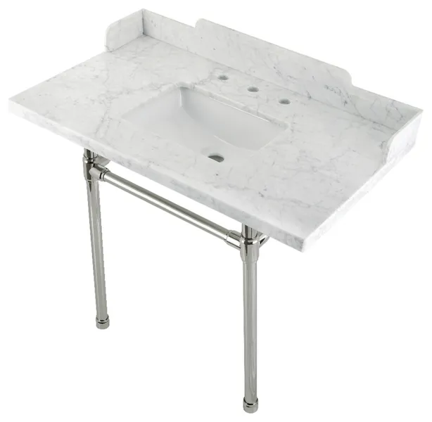 Kingston Brass LMS36M8SQ6ST 36" Carrara Marble Console Sink, Legs