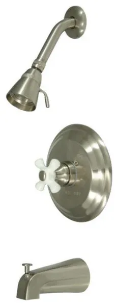 Kingston Brass One Porcelain Cross Handle Water Saving Tub and Shower Faucet