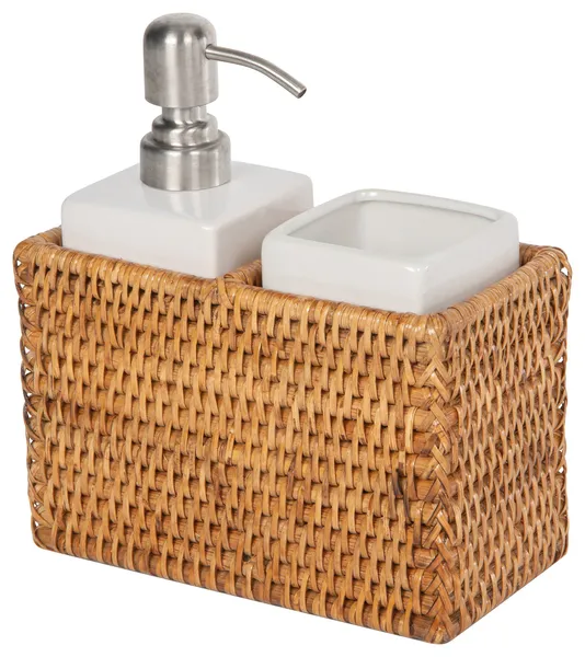 La Jolla Rattan Soap Dispenser, Tumbler/Toothbrush Holder Set, Honey-Brown
