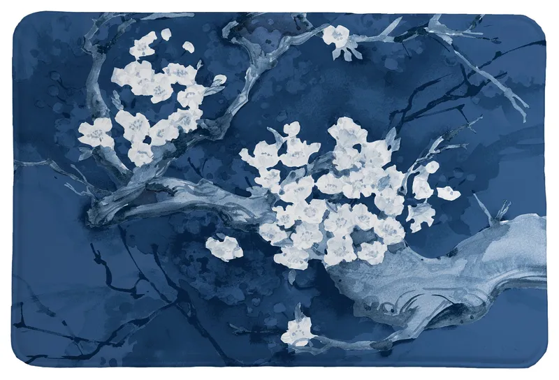 Laural Home Brilliant Blue Cherry Blossoms Memory Foam Rug