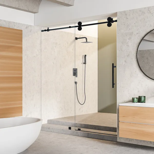 Lazaro Single Sliding Frameless Shower Door, Clear, Matte Black, 56"wx78"h