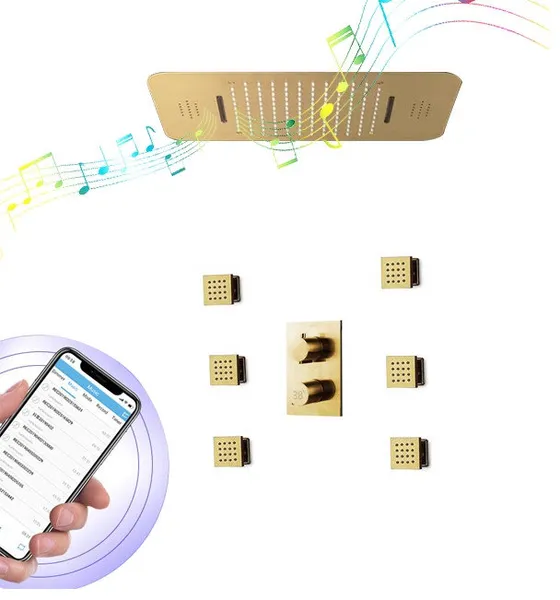 LED 20*14" Musical Remote Controlled Brushed Gold Shower System and 6 Body Jets