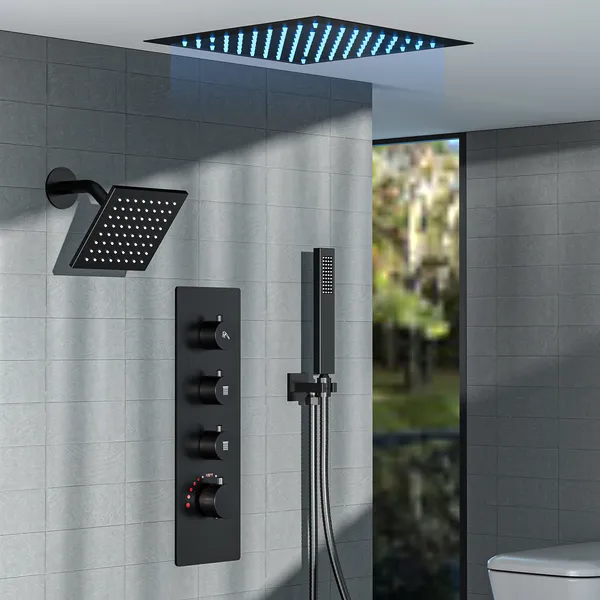 LED Dual Heads 12" Rain Shower System With Thermostatic 3-Way Faucet, Matte Black