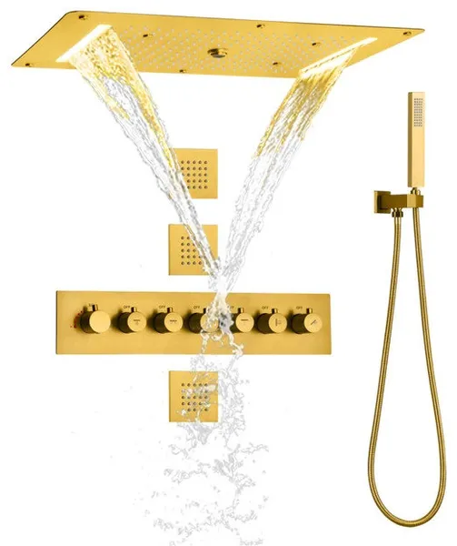 Led Mist Rainfall Shower System, Hand Shower and Jetted Body Sprays, Brushed Gol