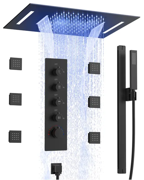 LED Thermostatic Shower System Rain Shower Head With 6 Body Jets, Matte Black, 23"x15", Slide Bar