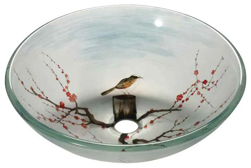 Legion Furniture Cherry Tree and Bird Tempered Glass Vessel Sink