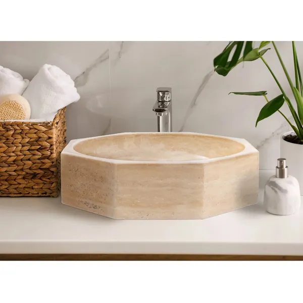 Light Beige Travertine Octagon Vessel Sink Bowl Polished, (D)16", (H)5"