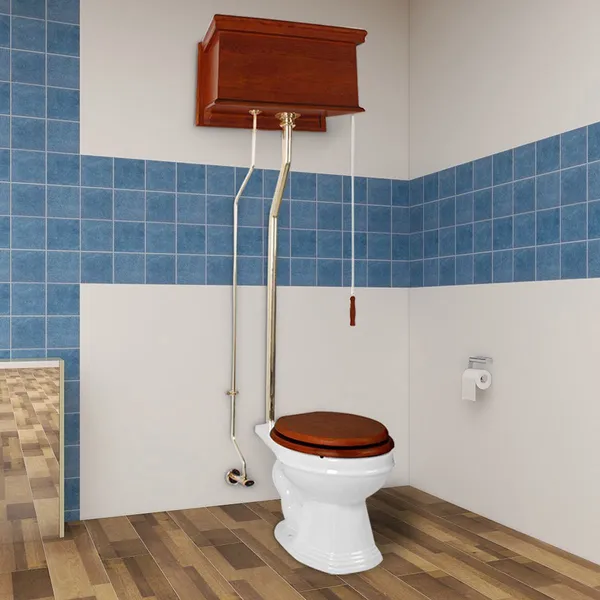 LIGHT MAHOGANY HIGH TANK PULL CHAIN Toilet With White Elongated Toilet Bowl