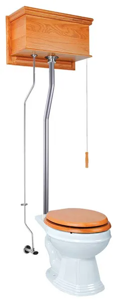 Light Oak Flat High Tank Pull Chain Toilet with White Round Bowl & Satin L-Pipe