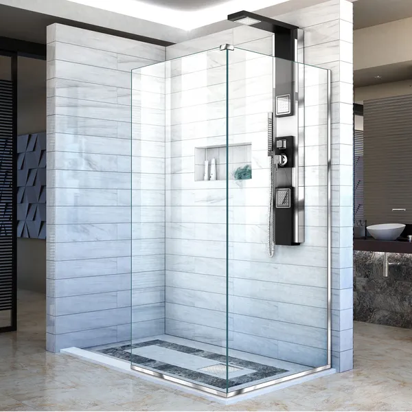 Linea Two Adjacent Frameless Shower Screens 34"Weach, Open Entry Design, Chrome