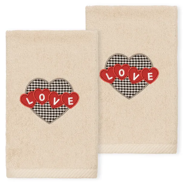 Linum Home Textiles Love Hearts Turkish Cotton Hand Towels, Set Of 2, Sand